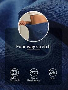 SHEIN Tall Women's Solid Color Minimalist Everyday Tummy Control Knit Denim Pants - Dark Wash - View 4