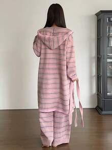 DAZY 3pcs Knitted Robe, Tank Top And Pants Pajama Set, Striped Pattern, Women Pajamas Set For Autumn/Winter Clothes - Pink - View 2
