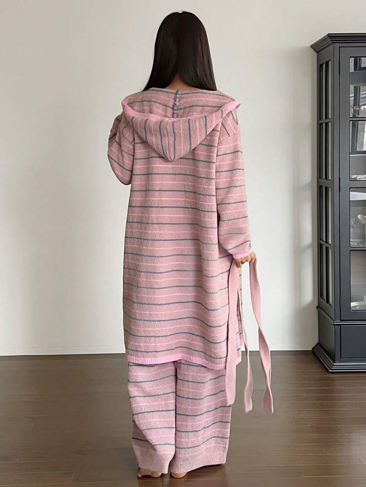 3pcs Knitted Robe, Tank Top And Pants Pajama Set, Striped Pattern, Women Pajamas Set For Autumn/Winter Clothes