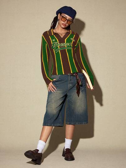 ROMWE Avant Suéter deportivo de punto con cuello polo estilo retro universitario, moda callejera