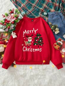 SHEIN LUNE Sudadera holgada de cuello redondo con estampado minimalista casual, color rojo, adecuada para Navidad, con estampado de renos