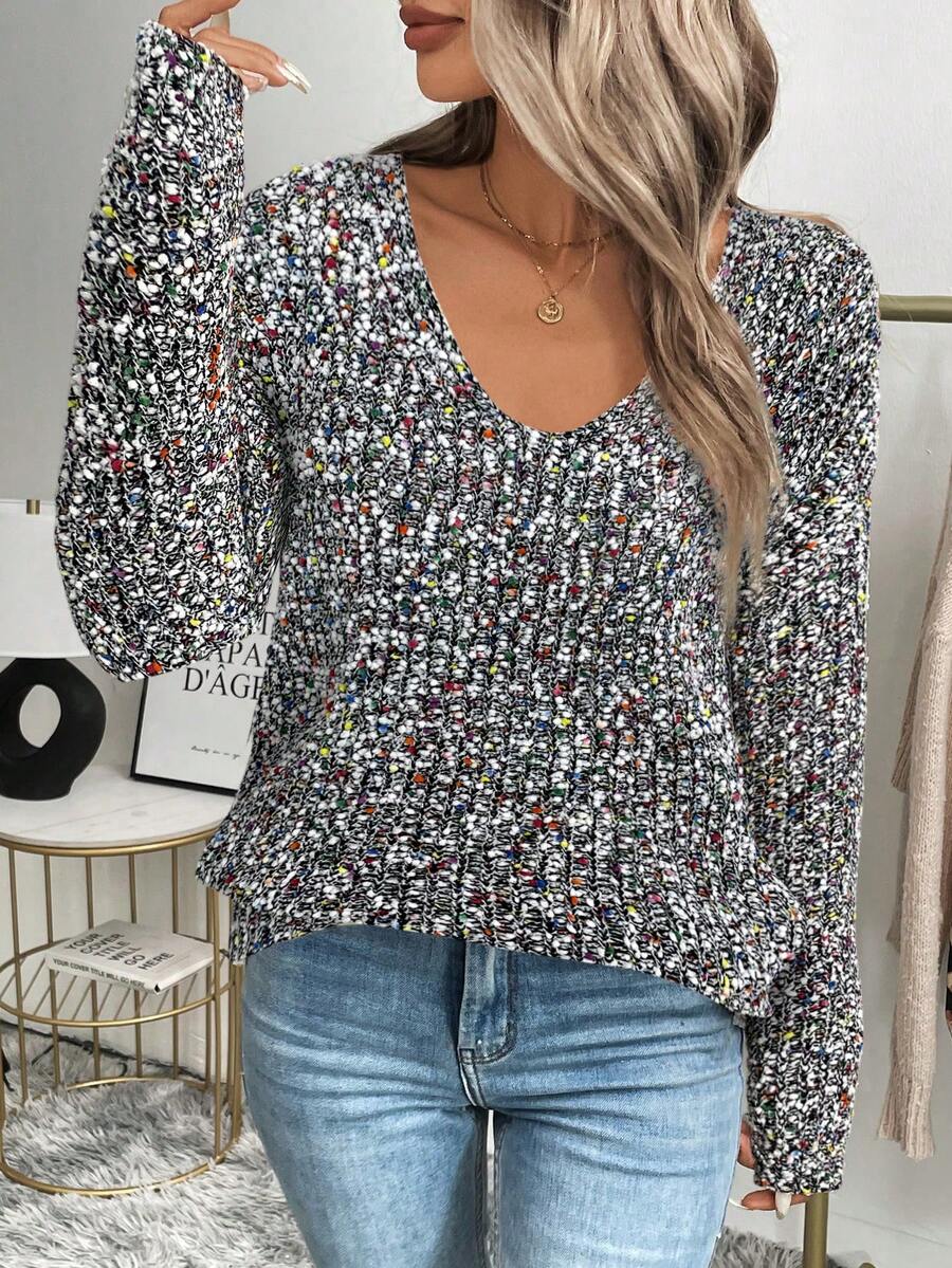 Easowa V领彩色绒球纹理面料休闲通勤优雅套头衫，女士秋冬款 - 黑色 - 查看 1