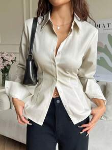 SHEIN EZwear Women's Apricot Front Button Long Sleeve Drawstring Casual Shirt, Elegant Ladies Blouse, Autumn/Winter - Apricot - View 2