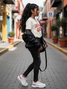 Mujer camiseta estilo urbano gráfico  holgada cuello redondo manga corta primavera-verano uso diario - Blanco - Ver 3