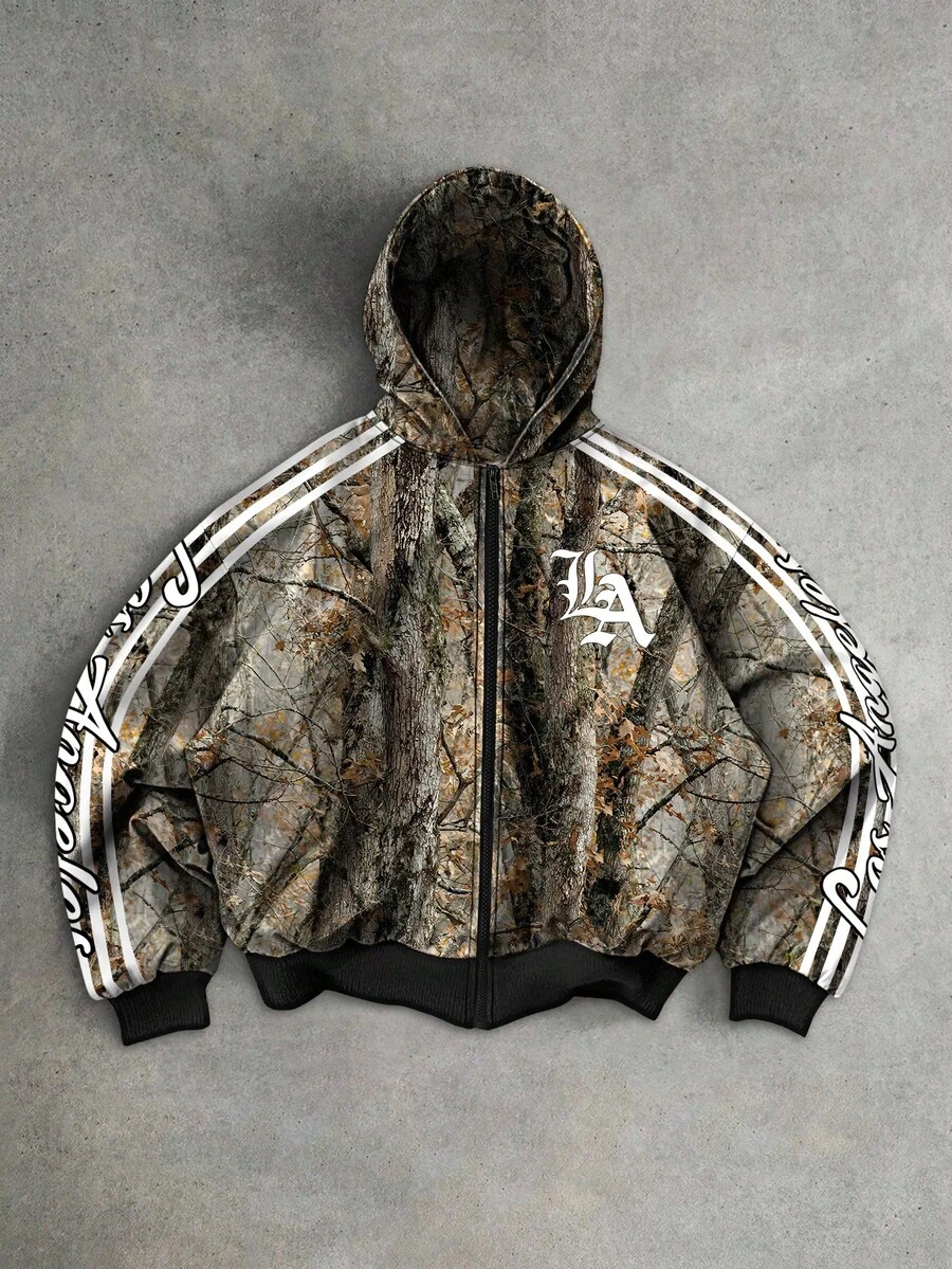 Manfinity EMRG Sweatshirt Pria Gaya Jalanan Amerika dengan Motif Slogan Los Angeles & Huruf LA, Pohon Tanpa Daun, Hutan, dan Daun, Musim Gugur/Musim Dingin untuk Pria, Sweatshirt Berkerudung - MultiWarna - View 1