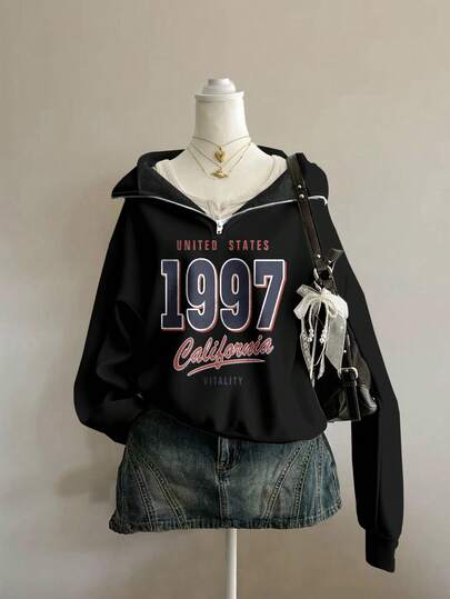 Attitoon Plus Size Women Loose Half Zip High Neck Black Fleece Hoodie, Suitable For Autumn/Winter, Vintage, American Casual, 1997 Print, Fall Sweatshirt Graphic