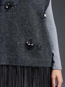 MYSTAURA Sequin & Beaded V-Neck Sleeveless Knit Vest Top For Women - Dark Grey - View 6
