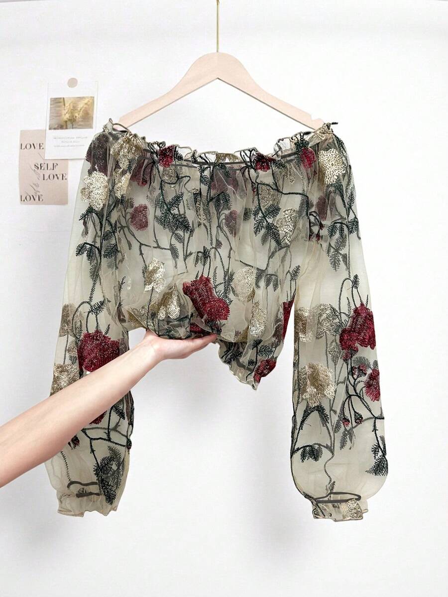 SHEIN LUNE Women's Fashion Sheer Mesh Crochet Embroidered Floral Off Shoulder Lantern Sleeve Cropped Top