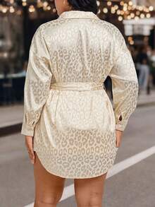 EMERY ROSE Plus Size Women's Champagne Leopard Print Shirt,Autumn Elegant Long Sleeve Drop Shoulder Tie Waist Top,Casual Loungewear For Night Out Club - Apricot - View 2