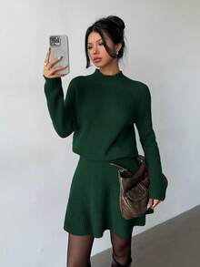 SHEIN Elenzya 女士宽松休闲圆领纹理上衣和百褶裙两件套 - 墨綠色 - 查看 4