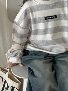 Dazy Kids 女童条纹圆领抓绒卫衣，秋冬季 - 灰色 - 查看 6