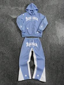 PAVTROS Bộ đồ nam Manfinity Streetrush 2 món áo hoodie và quần nỉ có lót nhiệt in chữ và ngôi sao, trang phục dạo phố thường ngày ấm áp cho mùa thu và mùa đông, hoàn hảo cho sinh viên, trang phục hàng ngày và quà tặng cho bạn trai, bộ đồ nam màu xanh nhạt bộ đồ thể thao nam bộ đồ chạy bộ nam bộ đồ dạo phố nam bộ đồ 2 món màu xanh - Nhiều màu - Xem 6