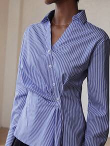 Aveloria Modichic V-Neck Striped Commuter Chic Slim Waist Long Sleeve Shirt - Blue and White - View 4