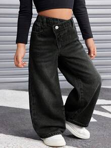 SHEIN Young Girl Y2K Vintage Blue Denim Thermal Lined Asymmetrical Waist Loose Pants, Autumn/Winter,Cool/Thanksgiving - Black - View 8