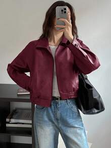 DAZY Spring New Distressed Leather Jacket, Short Style Lady Casual Outerwear,Fall Clothes - Burgundy - View 4