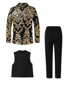 SHEIN 3pcs/Set Teenager Gentleman Suit, Black & Gold Color Block Slim Fit Formal Outfit, Includes Blazer Jacket + Vest + Trousers, Elegant & Casual Personalized Suit Set Suitable For Piano/Violin Performance, Wedding, Graduation Ceremony, Birthday Party, Evening Event, Presentation, Wedding Season, Halloween, Christmas, Autumn/Winter - Black - View 2