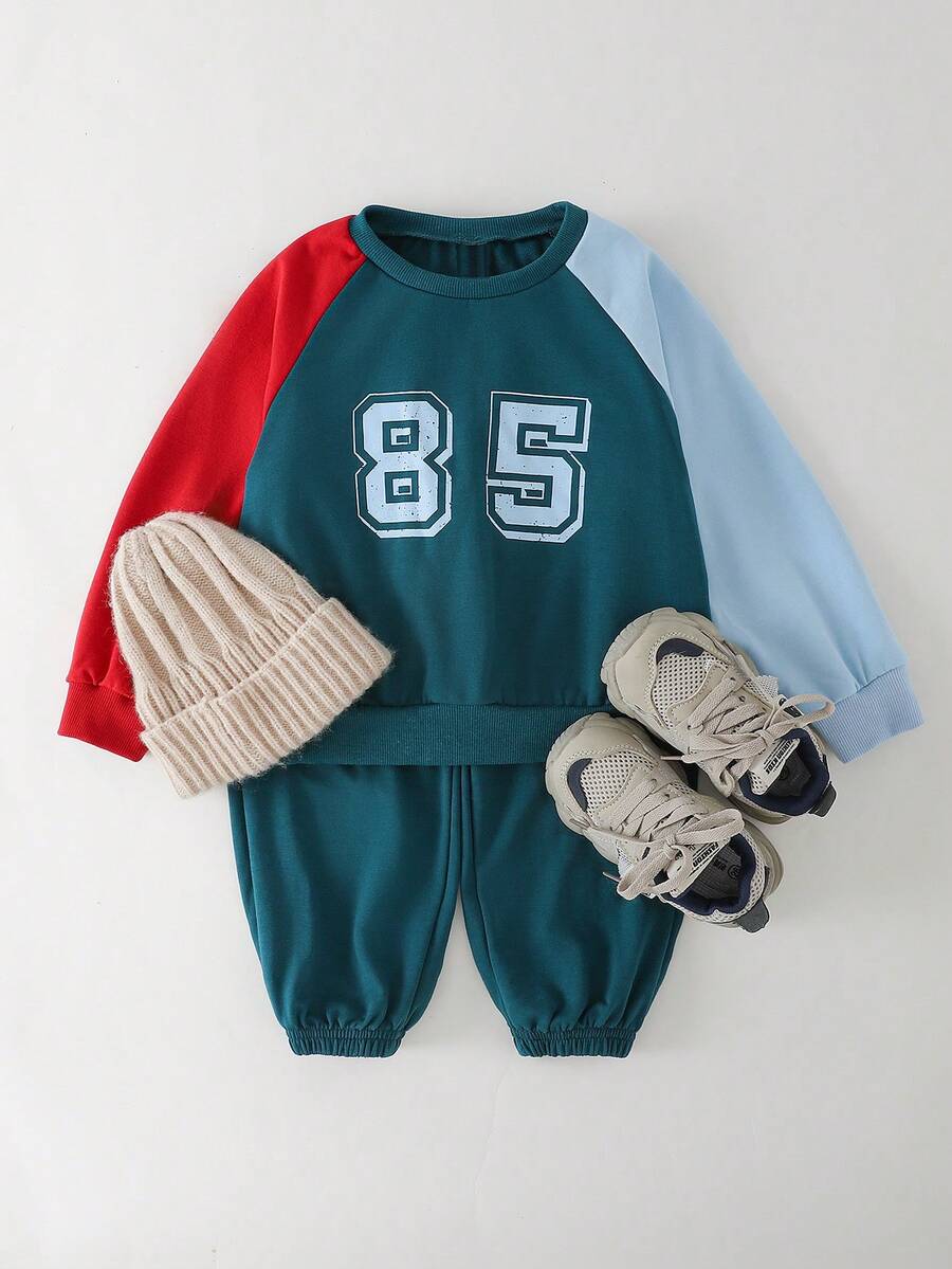 THE HAPPY LOOK Young Boys Number Print Contrast Sleeve Hoodie And Elastic Waist Sweatpants Sports Outfit Sets