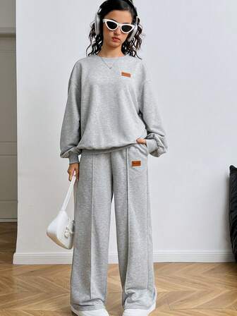 SHEIN Teen Girls 2pcs/Set Loose Fit Grey Crew Neck Knitted Sweatshirt Long Sleeve Top & Wide Leg Pants Casual Homewear Outfit
