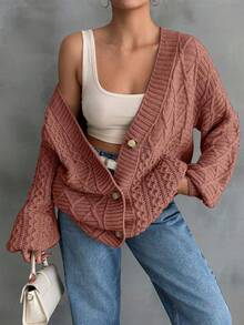 EURMUSE Women Cable Knit Detailed Long Cardigan - Dusty Pink - View 2
