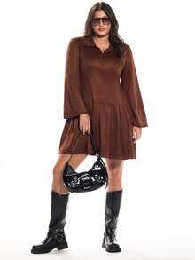 Solavibe Plus Size Solid Color Pleated Dress, Fashionable For Commuting, Autumn Brown - Brown - View 1