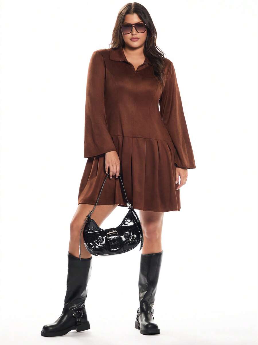 Solavibe Plus Size Solid Color Pleated Dress, Fashionable For Commuting, Autumn Brown - Brown - View 1