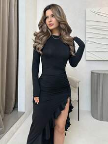 Jemour Solid Color Ruffle Trim Decorated Side Slit Dress - Black - View 5