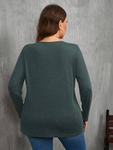 SHEIN Clasi Plus Size Women's Casual Solid Color Basic Round Neck Long Sleeve T-Shirt - Dark Green - View 2
