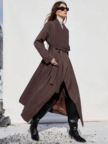 Aveloria Modichic Abrigo de trinchera casual oversize con solapa ancha y cinturón, estilo europeo y británico - Marrón Chocolate - Ver 2