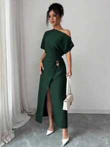 Elenzga Women's Elegant Solid Color Asymmetrical Shoulder Long Dress - Dark Green - View 5