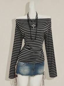 SHEIN ICON Y2k Women's Goth Grunge Striped Off Shoulder Long Sleeve Ruched Casual T-Shirt - Multicolor - View 11