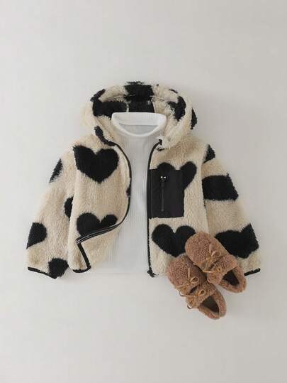 THE HAPPY LOOK Young Girl Heart Pattern Thermal Lined Thick Stand Collar Cardigan