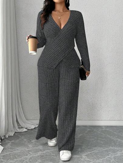 Easura Conjunto de 2 piezas de ropa de casa informal: Camiseta de manga larga con cruce en el pecho de tela de punto suave y acanalada + Pantalones anchos de pierna ancha de tela acanalada suave, talla grande