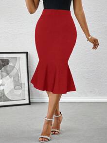 SHEIN Lady Falda lápiz elegante con volantes en el bajo, ajustada, color rojo, adecuada para ir al trabajo - Rojo - Ver 5