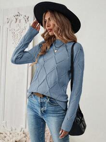 EMERY ROSE Women's Solid Color Casual Drop Shoulder Fitted Sweater, Autumn/Winter Thin Sweater - Blue - View 5