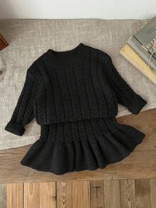 SHEIN LMoss Kids LMoss Baby Girl Babygirl 2pcs/Set Khaki Long Sleeve Sweater & Elastic Waist Ruffle Hem Skirt Suit, Autumn/Winter - Black - View 7
