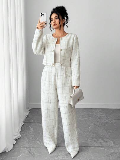 Elenzga Conjunto de 2 piezas de chaqueta corta a cuadros y pantalón de pierna recta de talla grande