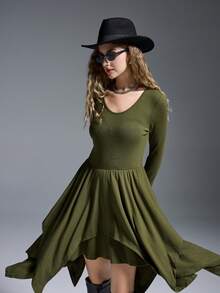MYSTAURA Women's Solid Color Long Sleeve Asymmetric Hem Casual Mid-Length Dress - Green - View 5