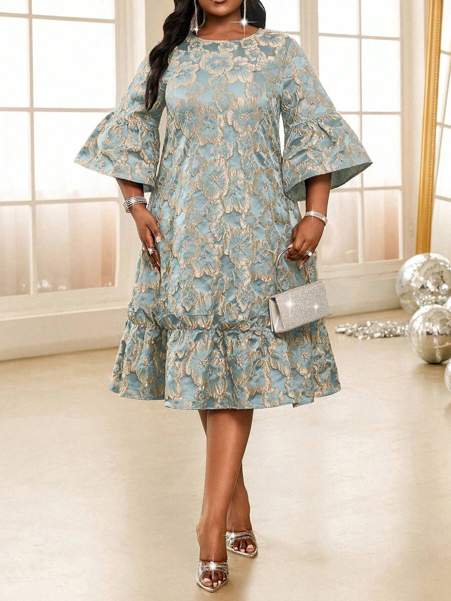 Fleurora Mùa xuân và mùa hè thanh lịch khiêm tốn tiệc cưới tiệc cocktail hòa nhạc/lễ hội âm nhạc nhiều màu dệt jacquard cổ tròn tay bồng xòe xếp ly midi tay dài ba phần tư váy cỡ lớn trang phục sang trọng váy cho phụ nữ thanh lịch váy sinh nhật và sự kiện váy nhà thờ váy cưới váy ngày lễ - màu xanh lá - Xem 1