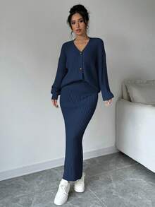 Elenzga Women's Solid Color Minimalist Long Sleeve Top And Skirt 2 Pieces Set - Royal Blue - View 5