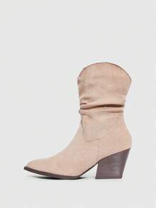 Daringsoles Women's Round Toe Comfortable Chunky Heel Short Boots, Wrinkled Texture, Versatile - Beige - View 4