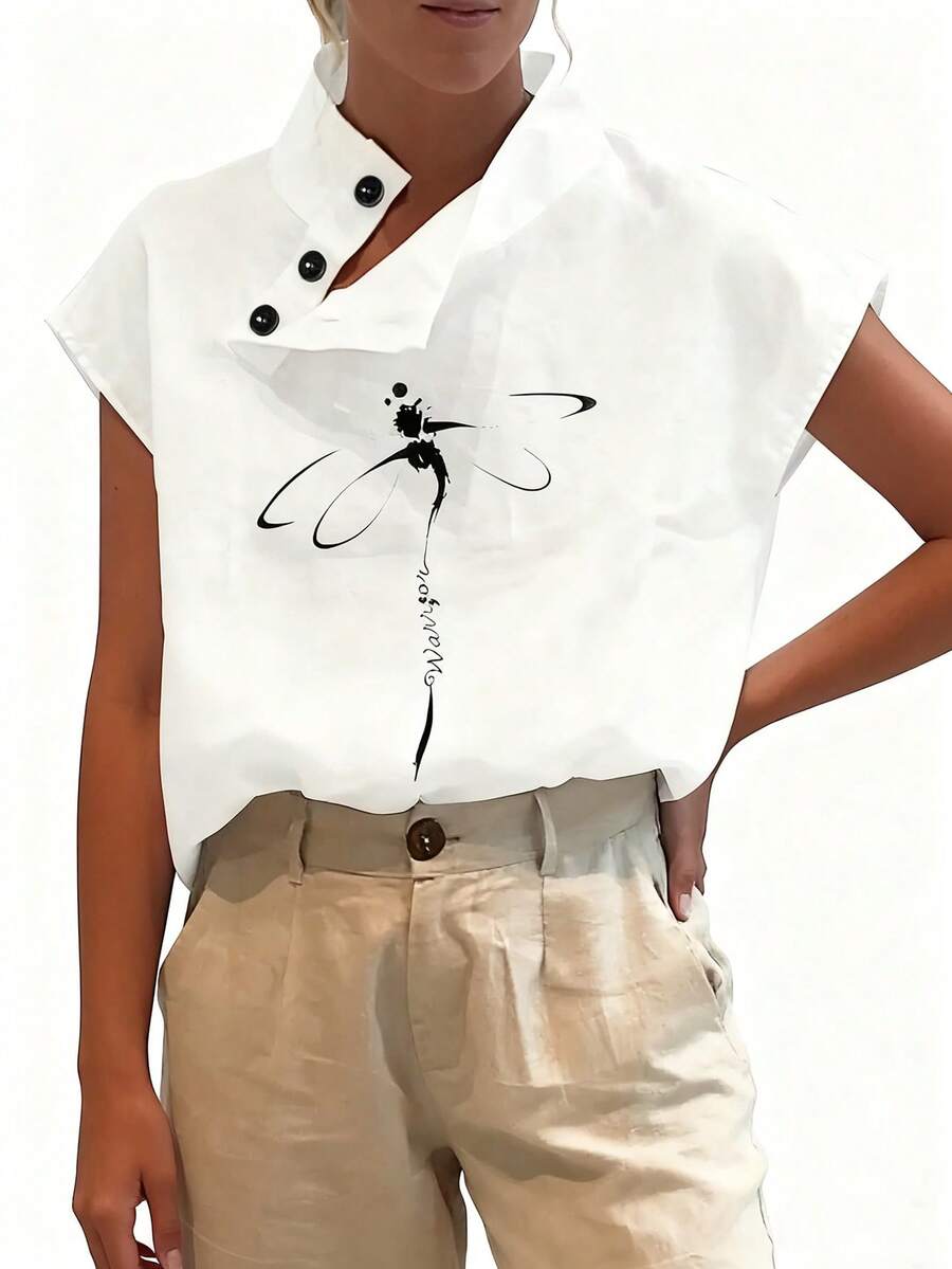 EMERY ROSE 休闲简约女士圆领纽扣设计衬衫，女士休闲不对称，纽扣短袖立领常规版型常规白色蝙蝠袖上衣女士衬衫，春夏，休闲日常穿着