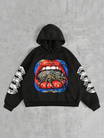 Street Life Sudadera con capucha casual de manga larga con estampado de labios de araña para hombre, otoño/invierno