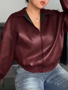 Dazy Plus Áo khoác da cổ điển mới mùa xuân/thu, kiểu dáng ngắn, vừa vặn, cỡ lớn, phù hợp với phụ nữ Áo khoác nữ - Màu Đỏ Sâu - Xem 4
