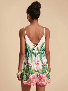 Travachic Bộ đồ liền thân ống rộng không tay xếp ly họa tiết cây nhiệt đới dành cho nữ - Nhiều màu - Xem 2