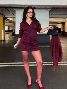 NegzBox Women's Elegant Hook Front Raglan Sleeve Top And High Waist Bodycon Skirt 2 Pieces Suit In Burgundy,Burgundy Tops - Burgundy - View 6