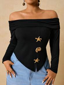 Travachic Plus Size Women's Black Ribbed Off Shoulder Top, Metallic Starfish Button Decor Elastic Long Sleeve Top Winter Christmas New Year, Beach For Women, Elegant Stylish Collection - Black - View 5