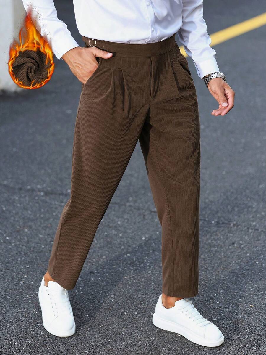 Manfinity CasualCool 男士休闲百搭通勤纯色锥形裤，棕色西裤，冬季款 - 巧克力棕 - 查看 1