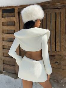 SHEIN Unity 2 piezas Conjunto casual de invierno para mujer con cuello de piel sintética esponjosa de parche blanco - Blanco - Ver 2