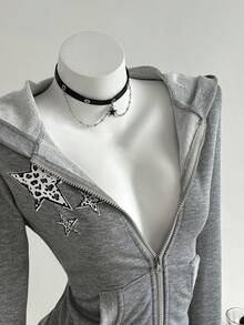 Elamini Women's Casual Star Zipper Sweatshirt - Light Grey - View 3