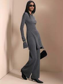 ATUI Studio 2 件套女士针织毛衣和裤子套装，时尚百搭，极简通勤，日常搭配，度假风格，办公室通勤装，极简主义女装 - 灰色 - 查看 1